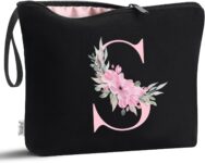 Vavabox A-Z Personalized Initial Makeup Bag, Birthday Gifts for Women Unique,Bride Bridesmaid Gift Cosmetic Bags (S, Black)