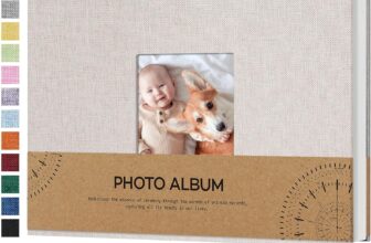 Vienrose Self Adhesive Photo Album with Display Window for 4 x 6 Photos, Linen Cover DIY Scrap Book Album 60 White Pages for Travel, Photo Book with a Ballpoint Pen, 21.5 x 30 cm, Beige