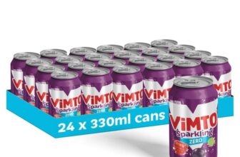 Vimto Original Real Fruit, Blackcurrant, Grape & Raspberry – No Added Sugar Fizzy Fruity Soft Drink – Multipack Cans (24 X 330ml)