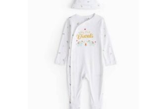 White My First Diwali Sleepsuit and Hat