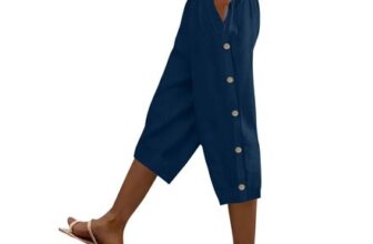 Women 3/4 Capri Pants Cotton Linen Elastic Waist Pockets Blue