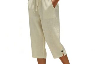Women Capri Pants Linen, Elastic Waist, Pockets, 3/4 Length, Khaki