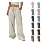 Women Linen Trousers Elasticated Waist Cropped Wide Leg Pockets White