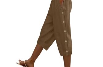 Womens Cotton-Linen Capri Trousers, Elastic Waist, Pockets, Button Details, Brown
