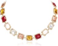 Womens Geometric Collar Necklace, Irregular Rectangle Emerald Cut Cluster Crystal Simulated Pearl Statement Chunky Bib Necklace Jewellery for Party Pink Multicolour Gold-Tone