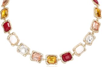 Womens Geometric Collar Necklace, Irregular Rectangle Emerald Cut Cluster Crystal Simulated Pearl Statement Chunky Bib Necklace Jewellery for Party Pink Multicolour Gold-Tone