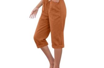 Womens Linen Cropped Sweatpants, Elastic Waist, 3/4 Length, Drawstring, Pockets