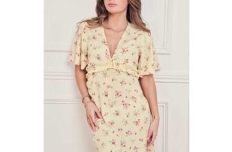 Womens Yellow Floral Mini Tea-Length Ruffle Dress