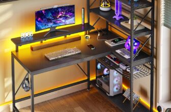 YITAHOME L Shaped Gaming Desk with Power Outlets & LED Lights Corner Desk with Shelves 120CM Reversible Computer Desk with Storage Shelves Gaming Desk with Hooks for Home Office(Carbon Fibre Black)