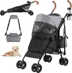 YITAHOME Pet Stroller for Small to Medium Dogs, 4-Wheel Dog Pushchair with Shoulder Straps, Folding Pet Travel Carriage with Cup Holder & Storage Bag (Grey Black)