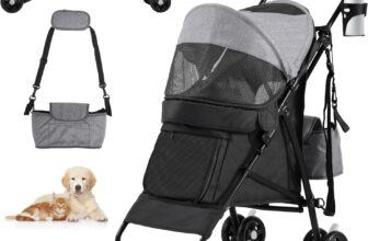 YITAHOME Pet Stroller for Small to Medium Dogs, 4-Wheel Dog Pushchair with Shoulder Straps, Folding Pet Travel Carriage with Cup Holder & Storage Bag (Grey Black)
