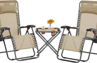 Yaheetech 3PCS Zero Gravity Recliner Portable Foldable Outdoor Sunlounger Table Set w/Pillow & Carry Strap for Patio Deck Garden Pool Beige