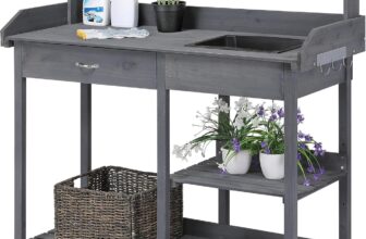 Yaheetech Garden Potting Table Wood Potting Bench Removable Sink Drawer Planting Germination Workstation w/Open Shelves & Side Hooks for Patio Balcony Yard Lawn-Grey