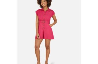 Yumi Pink Twill Cotton Button up Playsuit with Matching Belt