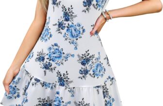 Zeagoo Womens Summer Dress Ladies Casual Dresses Puff Sleeve Round Neck Sundress Mini Beachdress Swing Dress Knee Length S-XXL