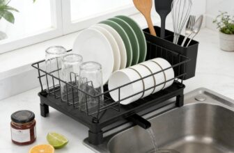 Zoyiancy Dish Drying Rack for Kitchen Counter, Dish Drainer with Removable Utensil Holder and Drainboard, Space Saving Countertop Organizer Plate Storage Rack with Drainage Spout, 11W x 15L, Black