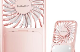 gaiatop Portable Handheld Fan, Folding Stand for Desktop, 3 Speed LED Makeup Mirror with Light, Rechargeable Mini Personal Fans Small Travel Essentials Gifts for Women Girls Pink
