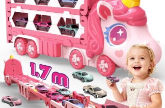 maysida Transport Truck Toys Cars for 3 4 5 6 Year Old Girl, Portable Unicorn Carrier Truck Car with 6 Race Cars, Pink Unicorn Cars Toy – Birthday for 3 4 5 6 7 8 9 Year Old Girls Boys