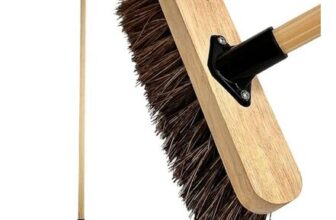 10 Outdoor Garden Broom with Wooden Handle, Heavy-Duty Stiff Bristles