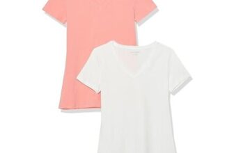 Amazon Essentials Womens Short-Sleeve T-Shirt (Peach & White,,v Neck L,,)