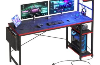 Bestier 155cm Corner Desk with Power, LED, Storage and Hanger