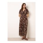 Blue Vanilla Brown Tropical Print Shirred Waist Elasticated round Neck Jumpsuit