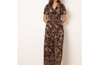 Blue Vanilla Brown Tropical Print Shirred Waist Elasticated round Neck Jumpsuit