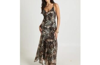 Boohoo Tonal Leopard Chiffon Godet Hem Maxi Dress