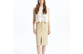 Dexia Cotton Denim High Waist Midi Skirt with Slit