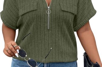Gemulate Plus Size Tops for Women V Neck Zipper T-Shirts Oversized Ladies Tops Ribbed Short Sleeve Tunic Top Loose Casual Lightweight Shirt Blouses XL-5XL