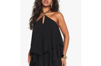 Halterneck Gold Trim Tiered Mini Dress