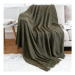 Knitted Throw Blanket, Dark Green Textured, Tassels, 50×60 In, Lightweight