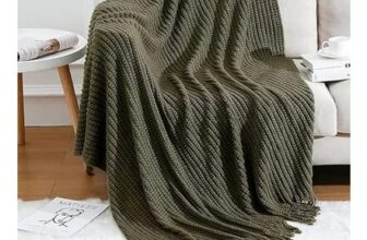 Knitted Throw Blanket, Dark Green Textured, Tassels, 50×60 In, Lightweight
