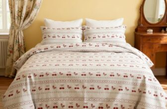 Michorinee Double Duvet Cover Red Cherry Pattern Bedding Double Bed Set 3pcs Washed Microfiber Reversible Beige Duvet Cover Double Bed with Zipper Closure and 2 Pillow Case 50×75 cm