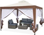 Mondeer Garden Gazebo 3x3m, Heavy Duty Outdoor Patio Pavilion with Double Tier Roof and Netting Sidewalls, Metal Frame, Luxury Modern Style