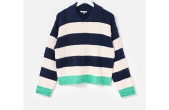 Navy & Cream Striped Collared Knitted Jumper