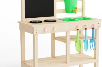 Outdoor toy kitchen made of solid fir wood With faucet, double-sided table, shelf, sink and hob Garden toys for children from 3 years