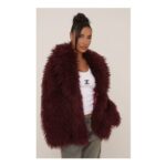 Oversized Collar Shaggy Burgundy Faux Fur Coat