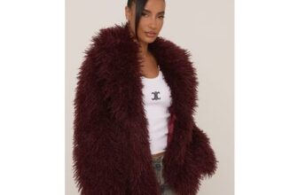 Oversized Collar Shaggy Burgundy Faux Fur Coat