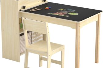 Puecrof Childrens Creative Table with Chair Made of Solid Wood – Multifunctional Learning & Play Table with Storage Space for Toddlers from 12 Months Painting Table for Home with Ergonomic