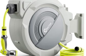 Retractable Garden Hose Reel, 1/2 x 30m2m Upgraded UV Resistant Heavy Duty Wall Mounted Hose Reel with 10 Patterns Nozzle, Any Length Lock, Slow Return System, 180Swivel Bracket