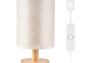 Round Bedside Table Lamp with Fabric Shade, Solid Wood