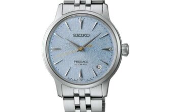 Seiko Presage Frozen Skydiving Diamond Cocktail Time 34mm Blue Dial Stainless Steel Bracelet Automatic Watch, Model: SRPL61J1