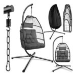 Tectake Egg Chair with Stand, Cushions, Polyrattan, Grey