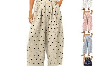 Womens Elastic High-Waist Palazzo Pants, Bohemian Cotton-Linen, Polka Dot, Pockets