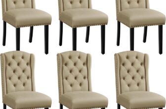 Yaheetech Upholstered Fabric Modern Dining Chairs Set of 6 Button Tufted Kitchen Chairs with Wooden Legs for Dining Room/Apartment, Khaki