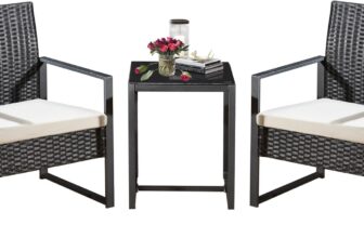 3 PCS Rattan Garden Furniture Set, White Cushioned Bistro Set with Coffee Table & 2 Chairs, Outdoor Patio Furniture for Garden, Balcony, Poolside
