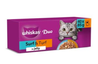 40 X 85g Whiskas Duo Wet Cat Food in Jelly, Surf & Turf