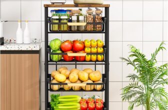 5-Tier Kitchen Trolley on Wheels-Vegetable Storage Rack with Wooden Top, Lockable Wheels & Stackable Baskets, Mobile Organizer for Kitchen, Pantry, Office (Black)