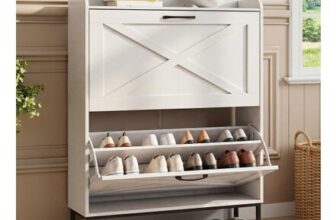 BonVache Rustic White Wooden Shoe Cabinet, 80cm, 2 Drawers